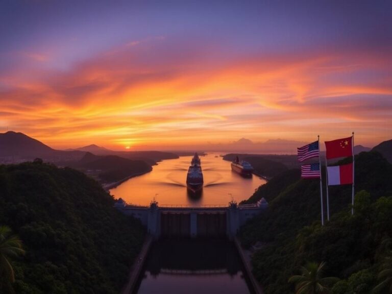 Flick International Panoramic view of the Panama Canal at sunrise with Miraflores Locks