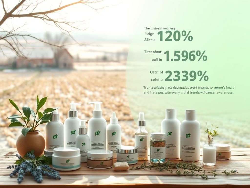 Flick International Conceptual workspace showcasing organic beauty products for winter skincare against a rustic wooden table with a sunlit farm landscape and abstract health statistics in the background