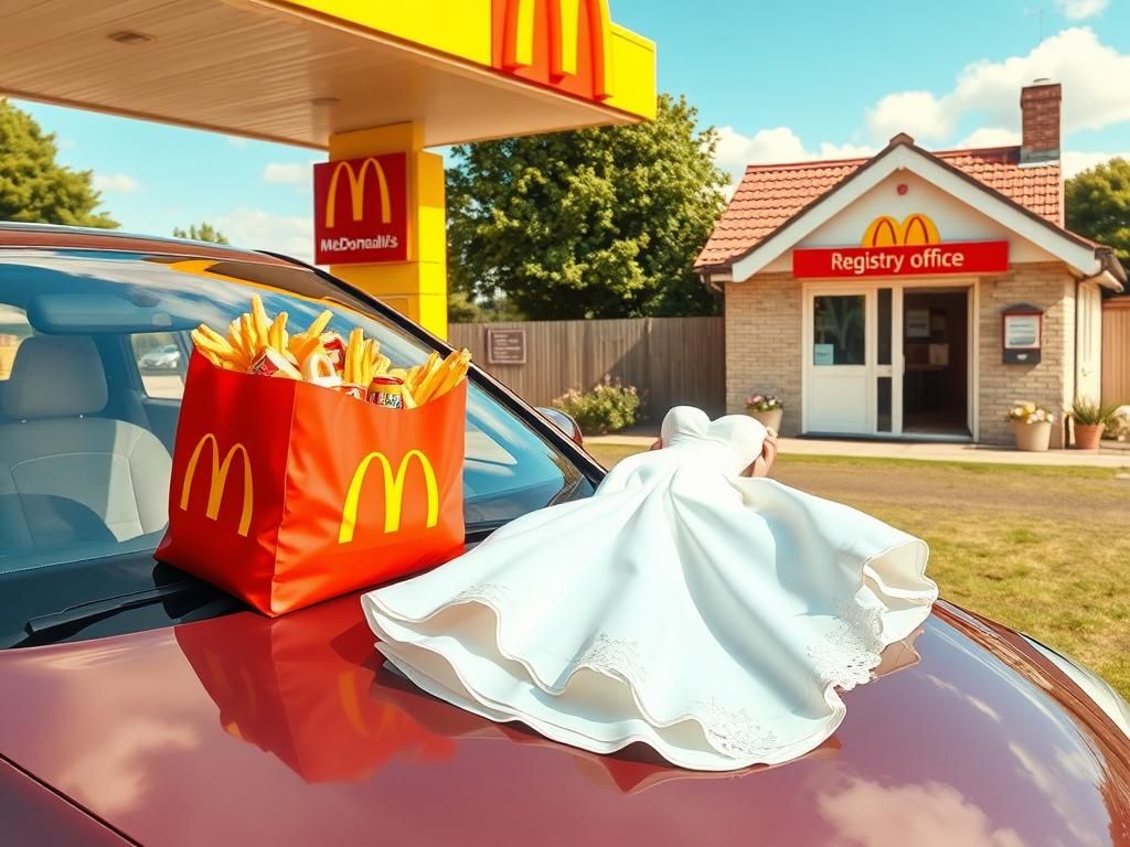 Flick International A whimsical McDonald's drive-thru scene capturing a couple's unique wedding day.