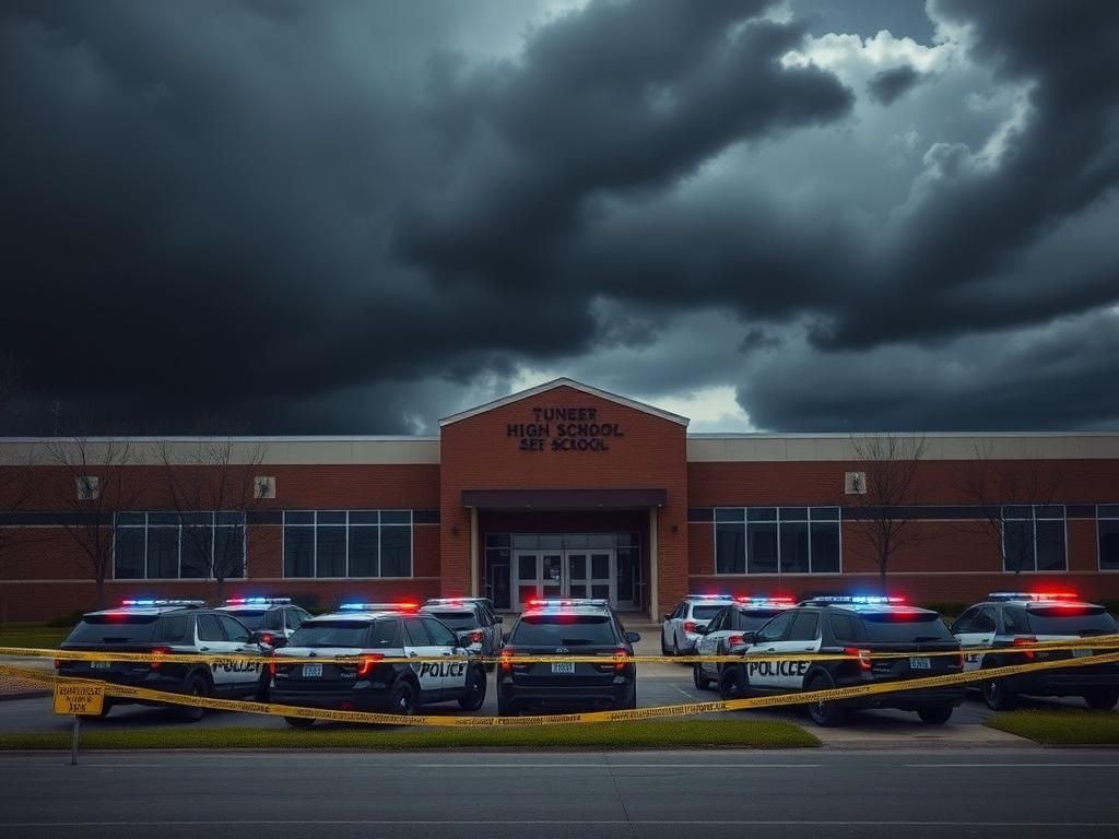 Flick International High school surrounded by police barricades with emergency vehicles present