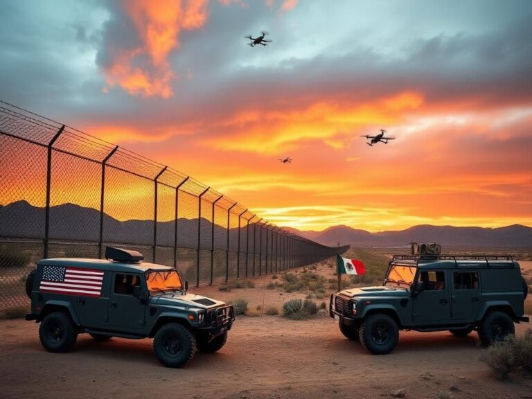 Flick International Panoramic view of U.S.-Mexican border with military vehicles