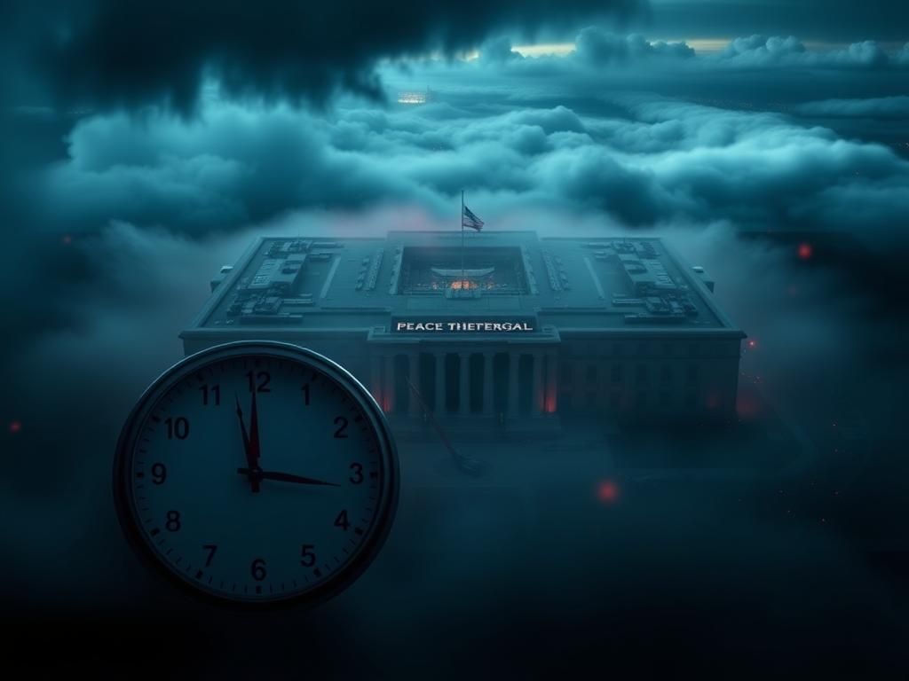 Flick International Aerial view of the Pentagon shrouded in mist with a large clock approaching midnight