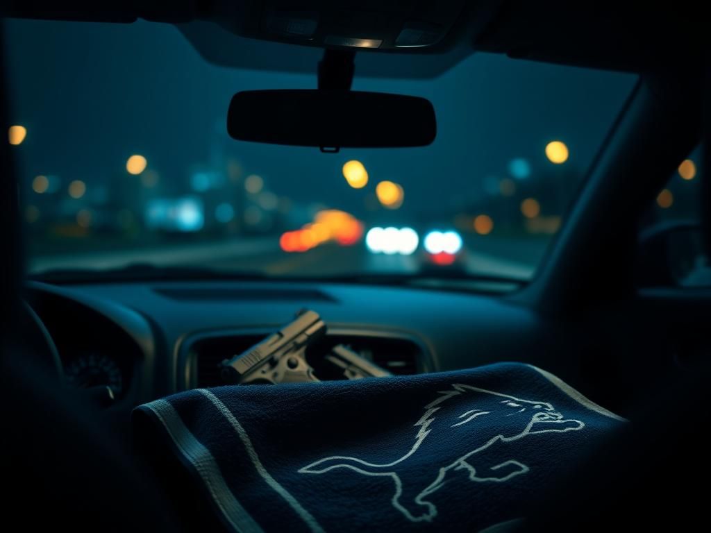 Flick International Interior of a car with handguns in glove compartment and Detroit Lions towel