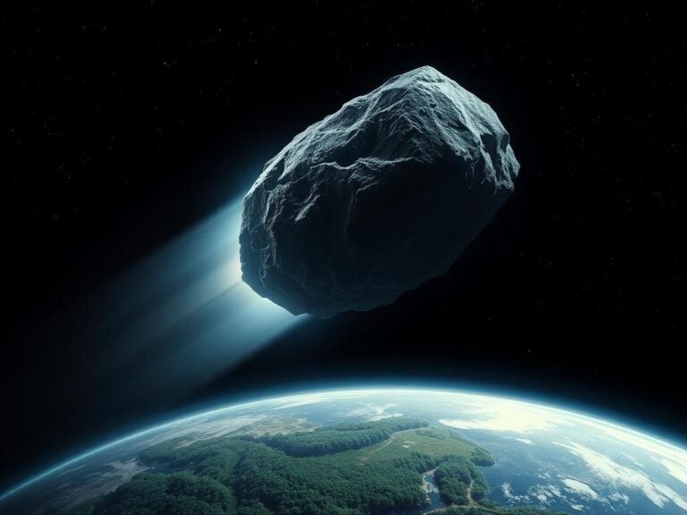 Flick International Massive asteroid hurtling through space towards Earth, illuminated by distant starlight