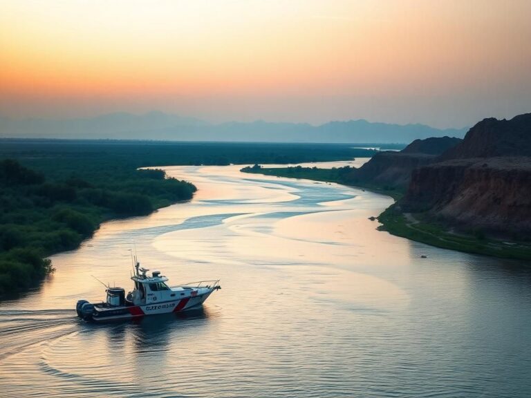 Flick International Patrol boat on the Rio Grande at sunrise, symbolizing Coast Guard's border patrol efforts