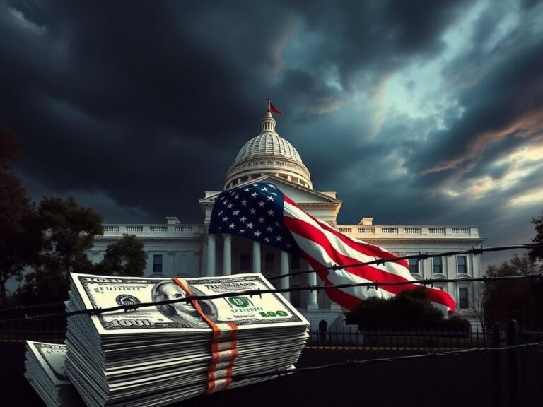 Flick International Government building draped in an American flag with taxpayer dollar bills transforming into barbed wire fence