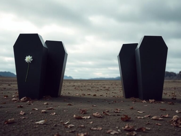 Flick International Four black coffins adorned with white flowers on a barren landscape under a gray sky