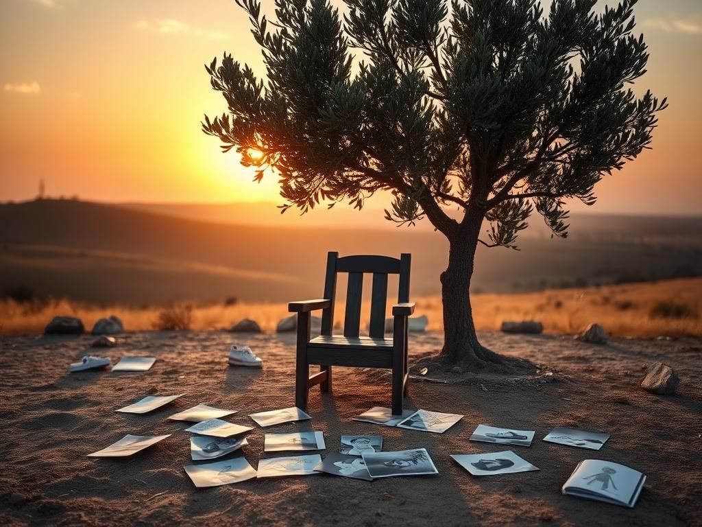 Flick International A serene landscape at sunrise with a weathered wooden chair under an olive tree symbolizing renewal and hope.