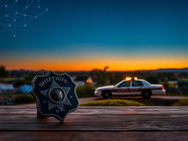 Flick International A California landscape at dusk with a police badge symbolizing law enforcement