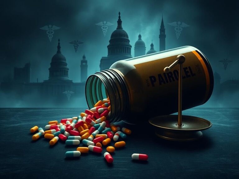 Flick International An artistic portrayal of a large pharmaceutical bottle spilling colorful pills onto a dark surface, symbolizing the corruption of public health by Big Pharma.