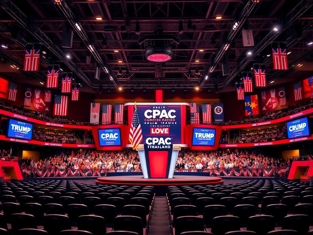 Flick International Extensive view of the National Harbor during CPAC with podium and American flag