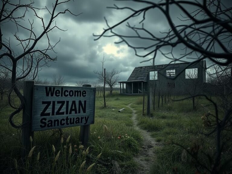 Flick International Dark, moody landscape of an abandoned Zizian Sanctuary cult commune with overgrown vegetation