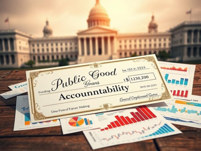 Flick International A large, unopened grant check marked 'Public Good' and 'Accountability' on a rustic wooden table surrounded by colorful graphs.