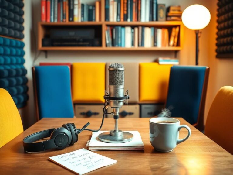 Flick International Cozy podcast studio with vintage microphone and colorful soundproofing panels