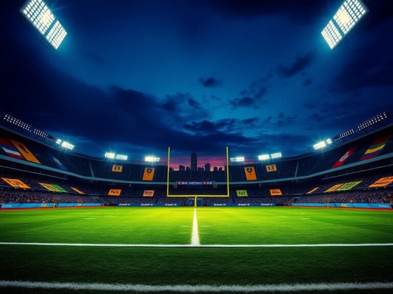 Flick International Dramatic nighttime scene of a stadium during a football event, illuminated by floodlights.