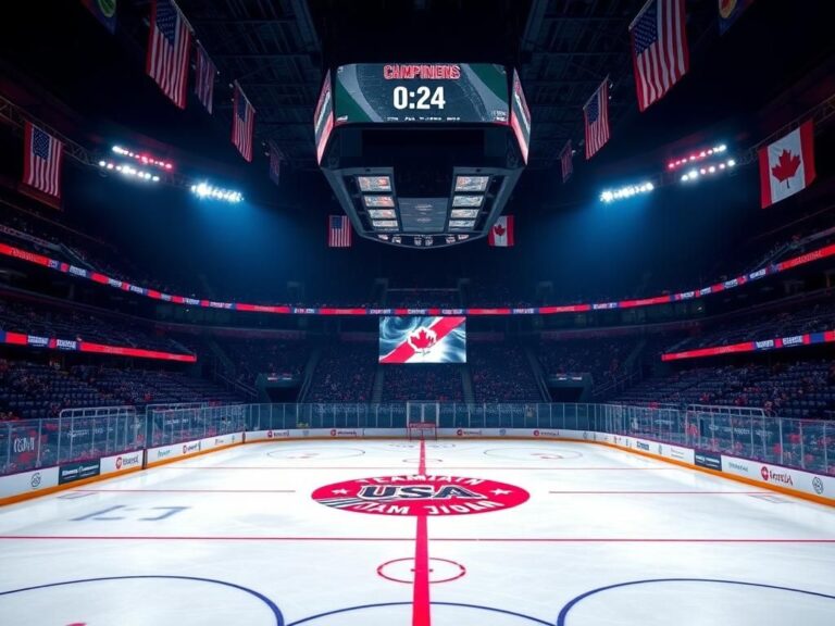 Flick International A dramatic night scene of a vibrant ice hockey arena with Team USA and Canada logos on the rink