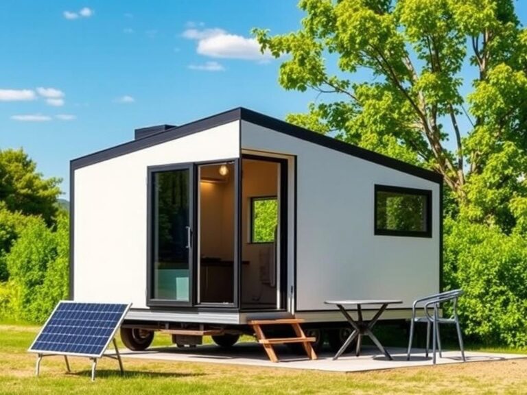 Flick International Modern, foldable tiny home set up in a lush outdoor setting