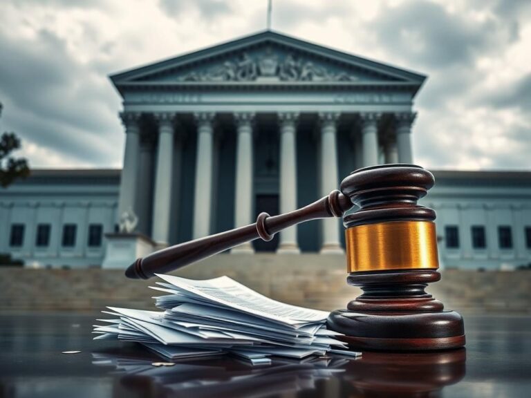 Flick International A powerful gavel striking down in front of a grand courthouse, symbolizing the authority of the U.S. Supreme Court.