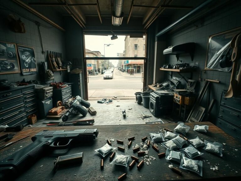 Flick International Cluttered auto repair shop with illegal firearms and drugs