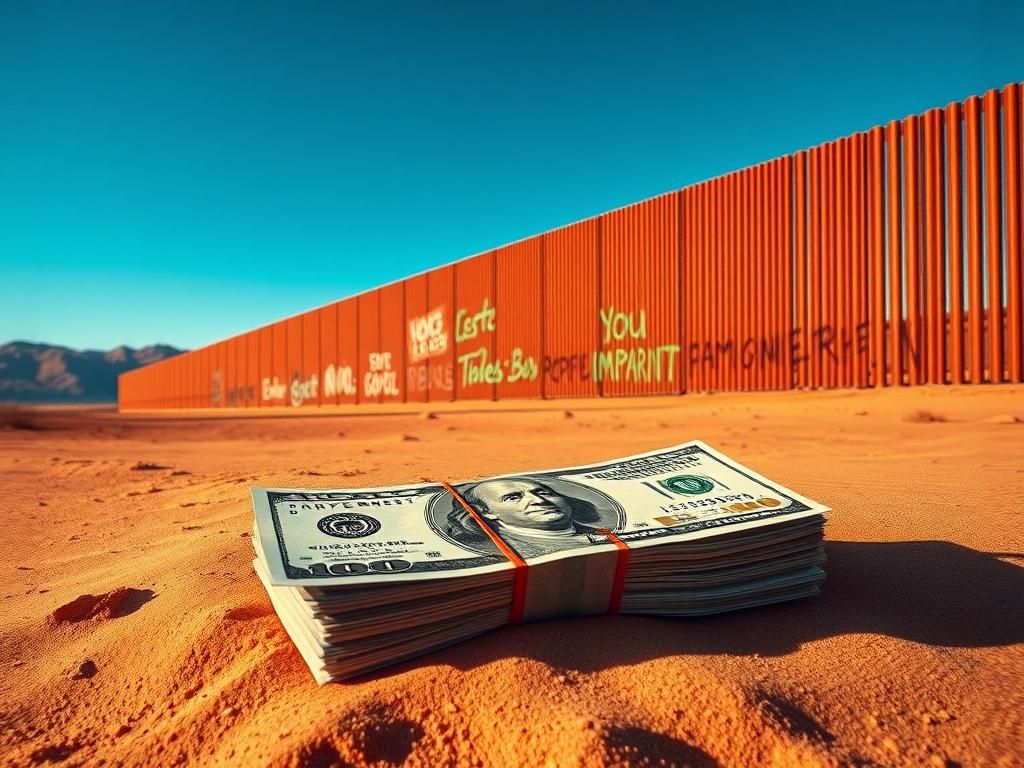 Flick International Large imposing wall in a desert landscape with graffiti about immigration