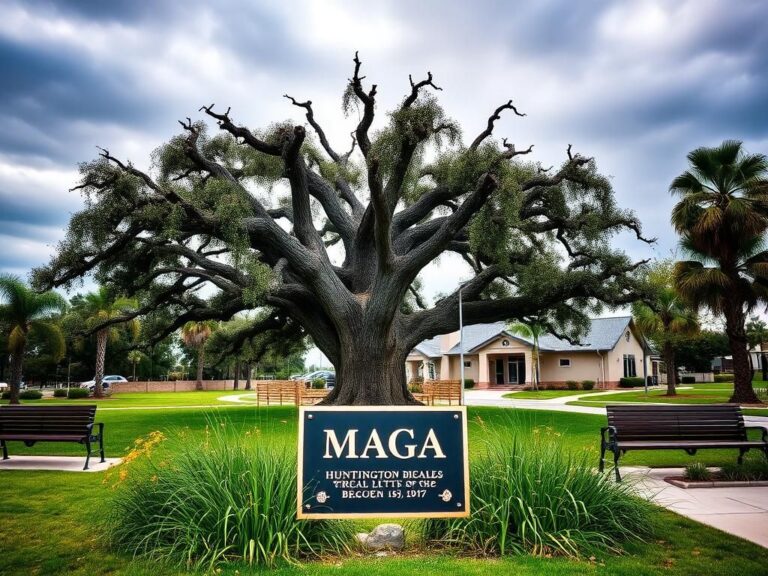 Flick International A weathered oak tree in a Huntington Beach park with a contested plaque and overgrown grass