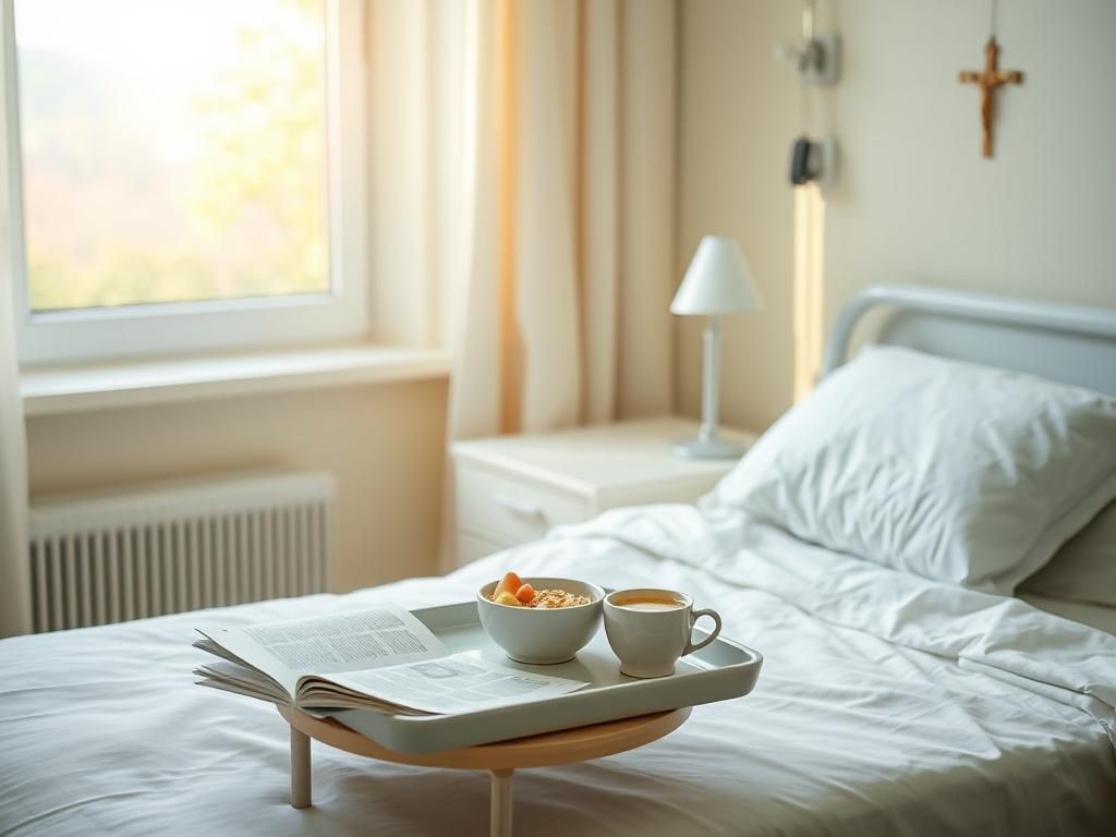 Flick International A serene hospital room with a breakfast tray and soft morning light