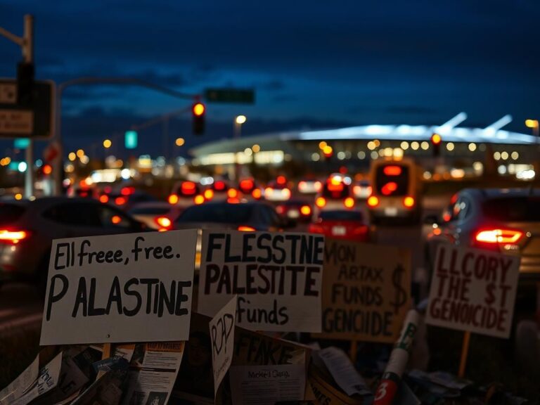 Flick International Protest signs in front of Chicago O'Hare Airport during anti-Israel demonstration