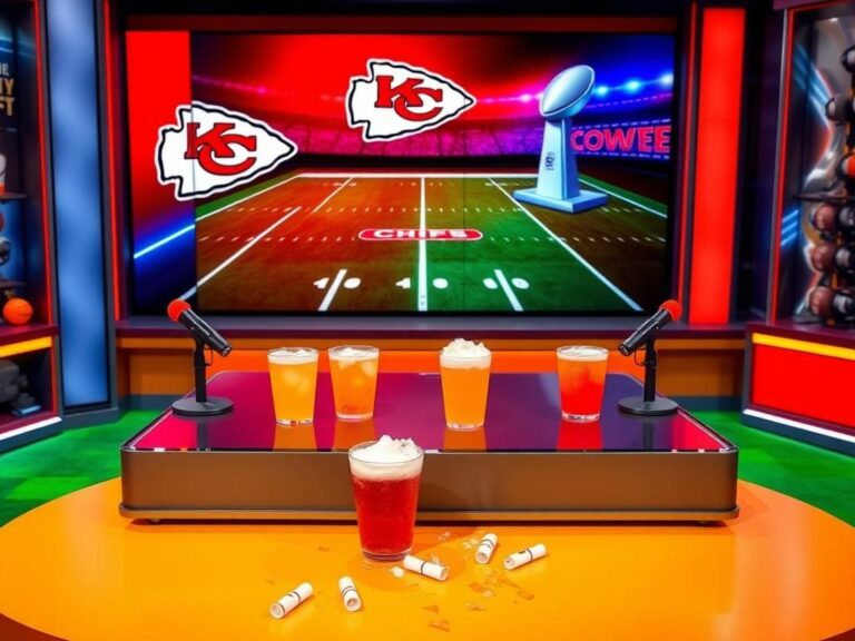 Flick International A vibrant sports talk show set with colorful microphones and Chiefs memorabilia