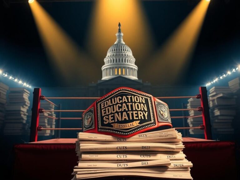 Flick International Wrestling ring with spotlight symbolizing political decisions in education featuring oversized books and U.S. Capitol silhouette