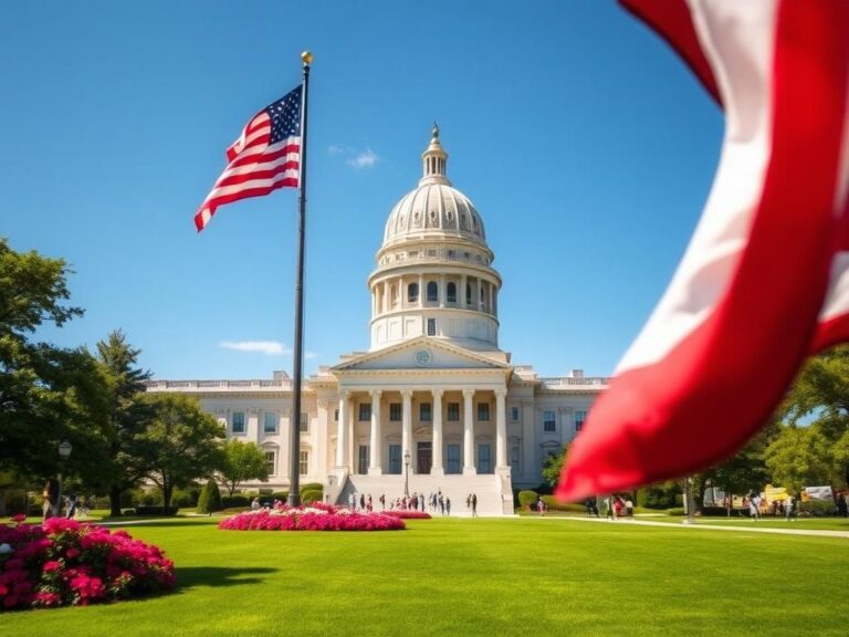 Flick International Kansas State Capitol building under a clear blue sky with an American flag in the foreground