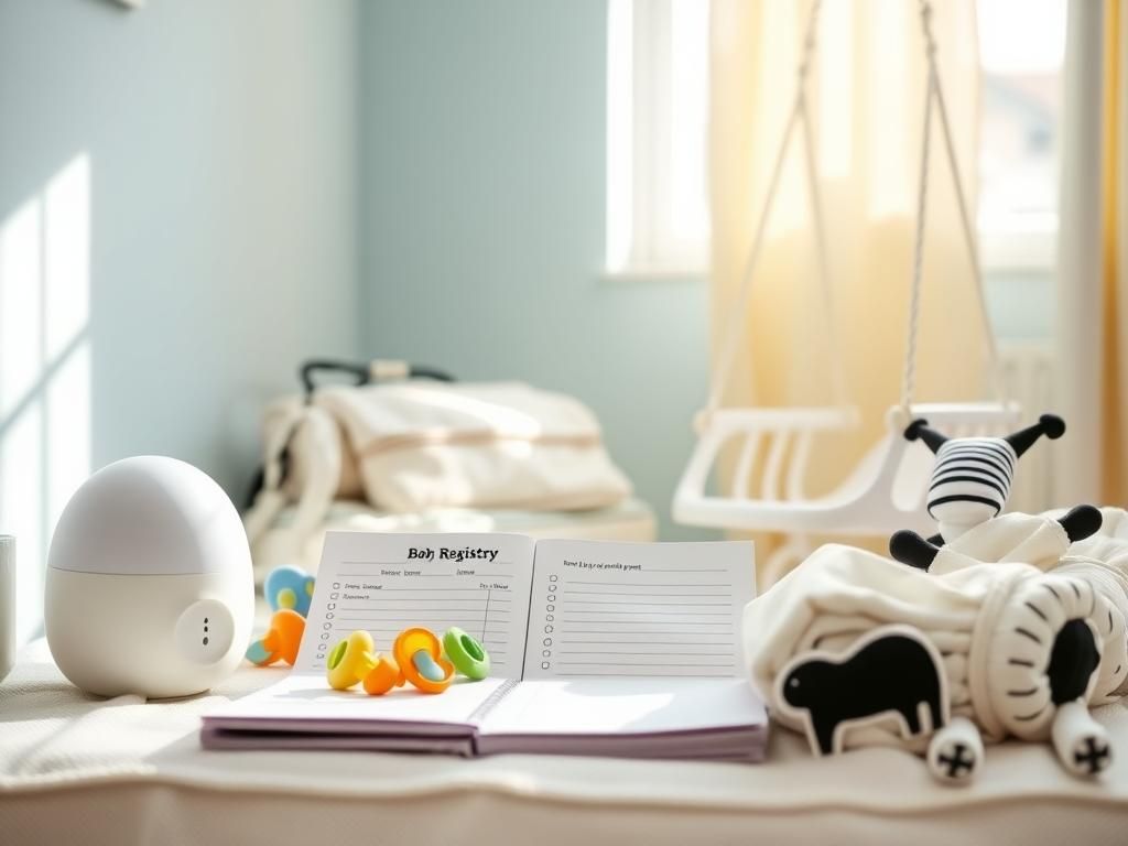 Flick International Cozy nursery scene showcasing baby registry essentials including a white noise machine and colorful pacifiers