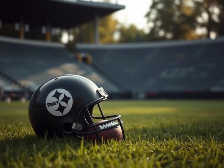 Flick International Muted football helmet with Pittsburgh Steelers logo resting on green grass