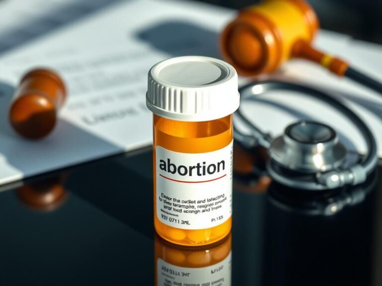 Flick International Close-up view of a prescription pill bottle labeled for abortion medication on a reflective surface