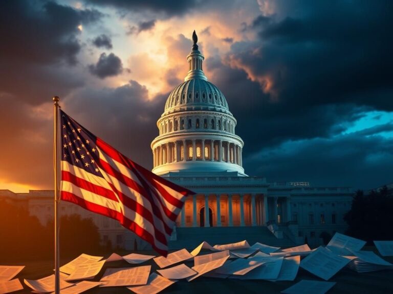 Flick International U.S. Capitol building at twilight with American flag waving in the foreground