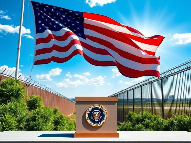 Flick International Large American flag billowing in the wind with an empty podium at a CPAC event