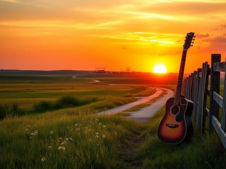 Flick International A serene rural landscape at sunset with a winding road and a vintage guitar.