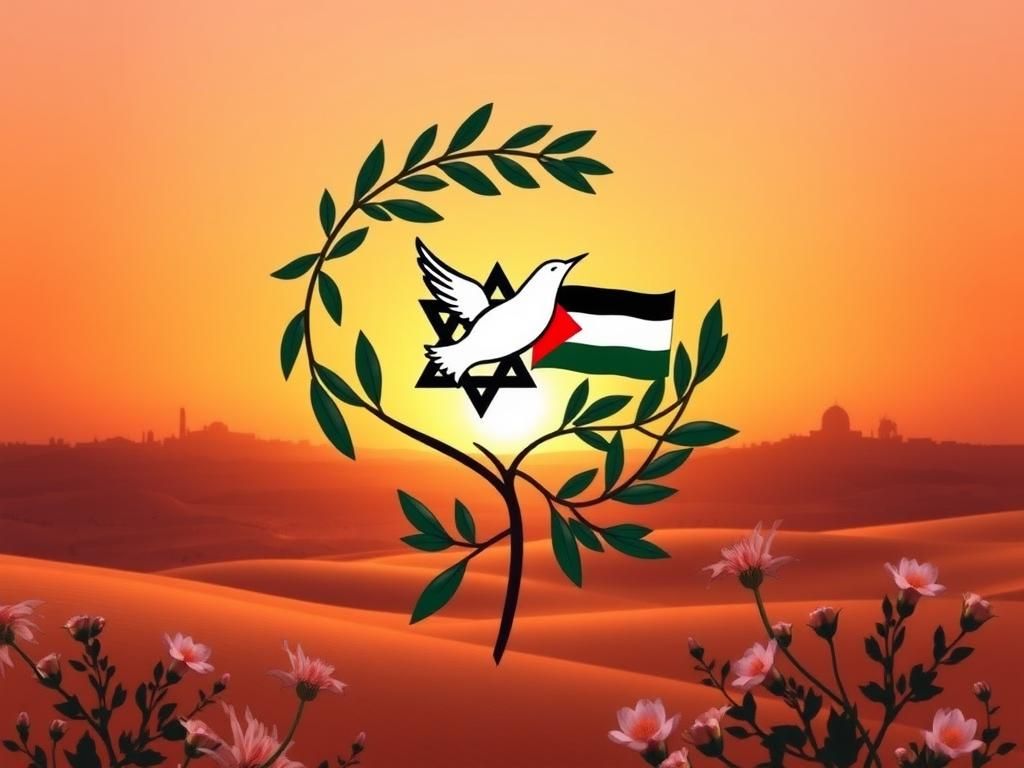 Flick International Symbolic representation of peace in the Middle East featuring an olive branch and elements of Israel and Palestine