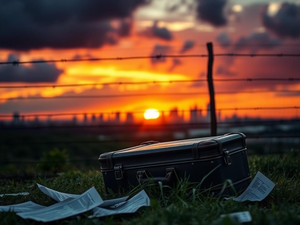 Flick International A dramatic sunset over a barbed-wire border fence, symbolizing separation and struggle for asylum seekers.