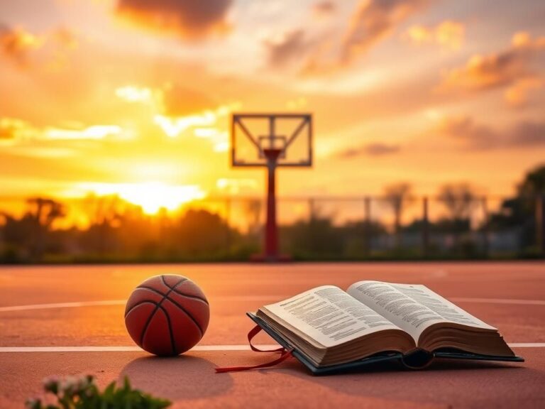 Flick International A serene basketball court at sunset with a Bible and basketball symbolizing faith and sport