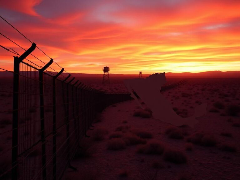 Flick International A dramatic landscape of the U.S.-Mexico border with a reinforced wall and barbed wire fences.