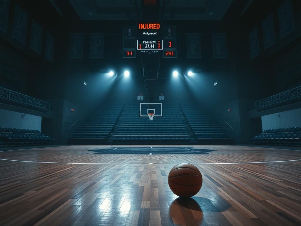 Flick International Somber basketball court with an empty bench and a single basketball symbolizing loss