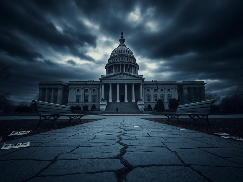 Flick International Dramatic view of a government building under overcast skies symbolizing political tension