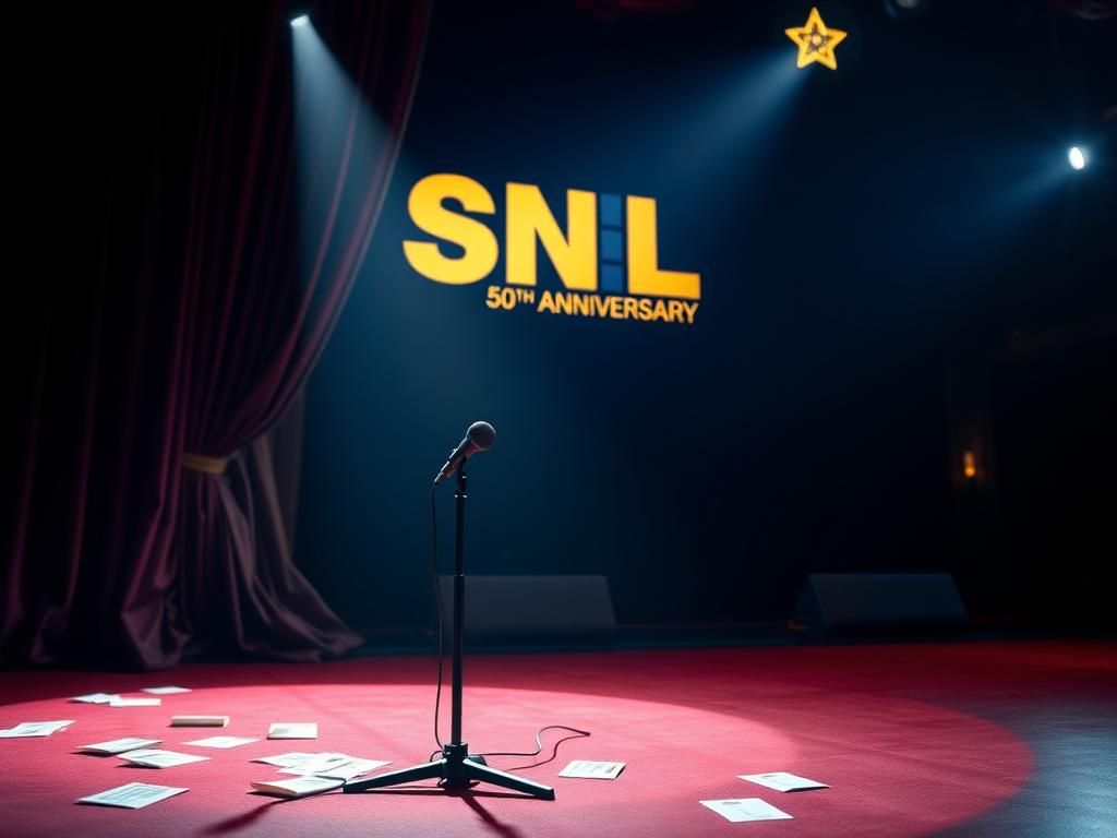 Flick International Dimly lit stage set for a late-night comedy show with an empty microphone