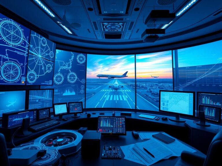 Flick International High-tech air traffic control room with digital screens and radar displays