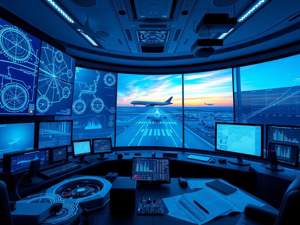 Flick International High-tech air traffic control room with digital screens and radar displays