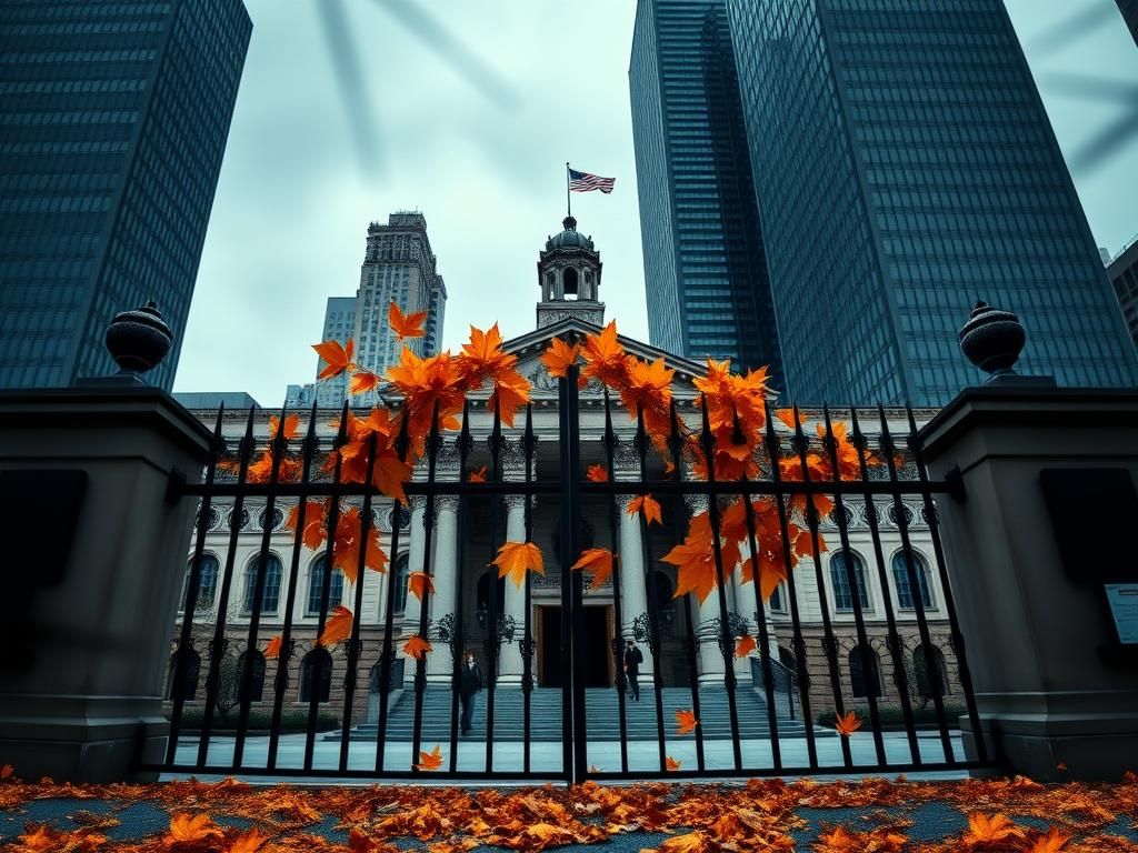 Flick International Dramatic view of NYC's City Hall with closed iron gates