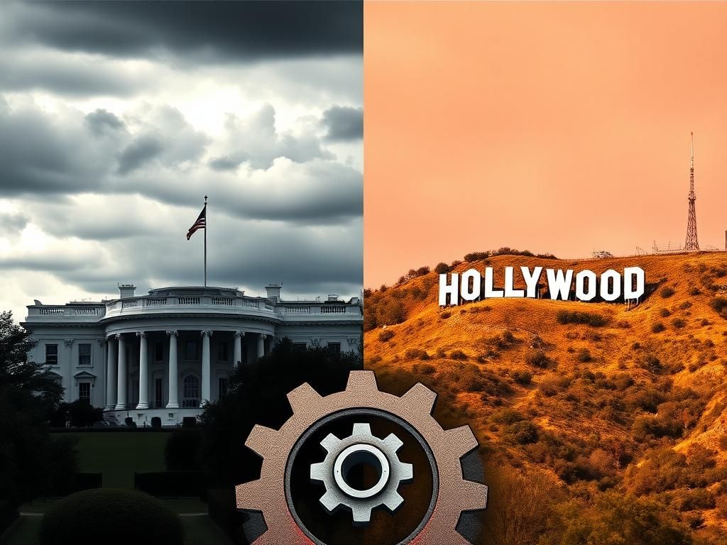 Flick International Split scene showing the White House and Hollywood sign, depicting political tension and entertainment