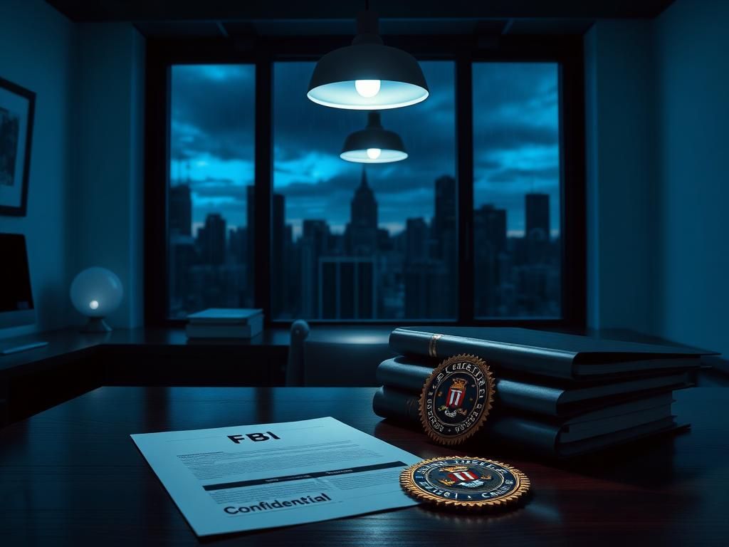 Flick International Dark office setting with important documents and an FBI badge