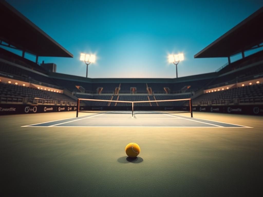 Flick International Empty tennis court at the Dubai Championships with a solitary tennis ball