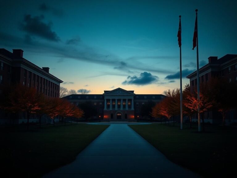 Flick International Dusk view of Virginia Military Institute campus with historic buildings and empty pathway